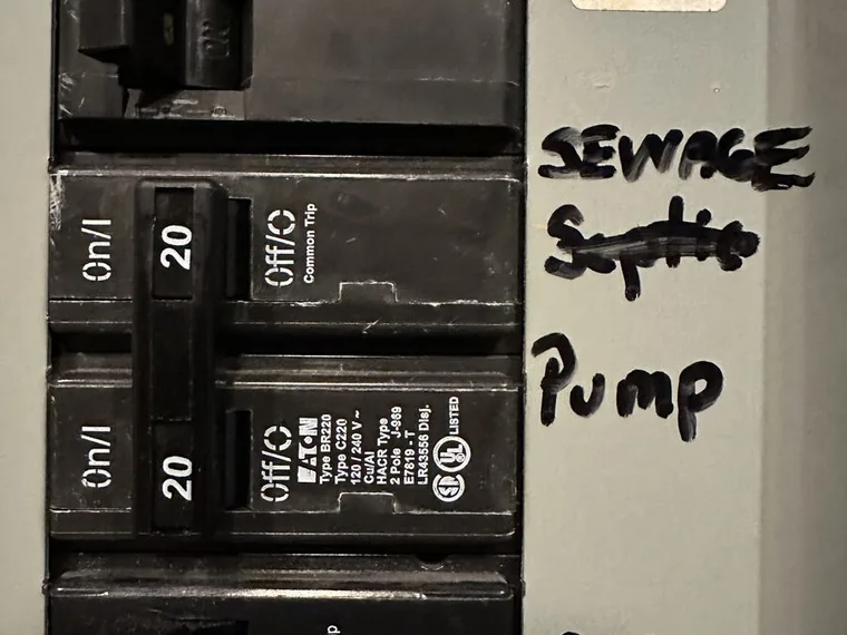 Labeled septic pump breaker traced and tested by SepticRooter™ in Savannah & the SC Low Country, Georgia