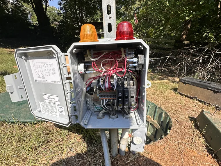 Septic pump and high-water alarm strobes wired at the tank in Savannah & the SC Low Country, GA
